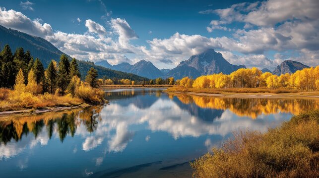 Jackson Wy Oxbow Bend: Beautiful Autumn Landscape with Bright Colours and Calm Waters