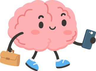 Cartoon Brain Holding Phone and Briefcase