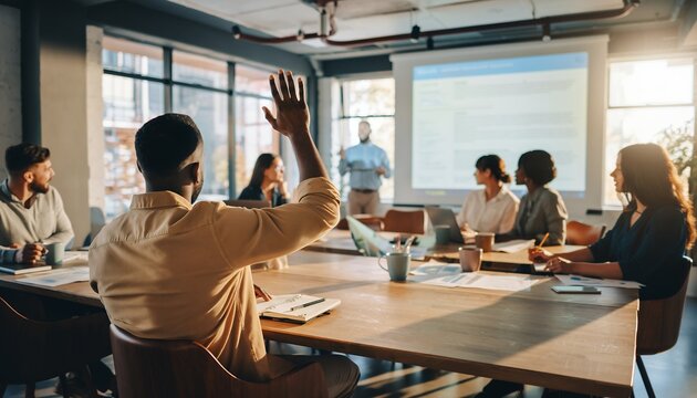 Diverse business team in a meeting room, with one man raising his hand to ask a question. Concept for strategic planning, collaborative environment and corporate workshop