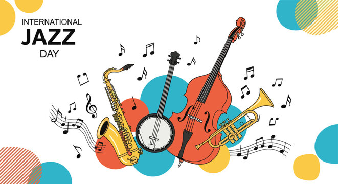 A vibrant illustration celebrating International Jazz Day with a collection of classic jazz instruments and floating musical notes.