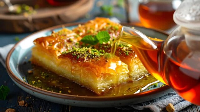 A close-up shot of a plate of pastry with pistachios being doused in hot liquid