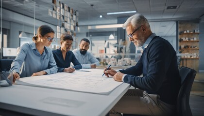 Diverse group of architects collaborating on a blueprint at a conference table in a modern office. Concept for architecture firm strategy, real estate development plan and interior design solutions