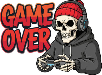 graffiti style illustration of a skull gamer wearing a hoodie