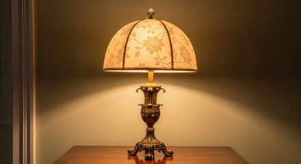 Obraz premium Illuminated antique table lamp with floral shade and ornate brass base