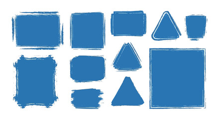 Array of blue roughedged geometric shapes squares rectangles triangles on white