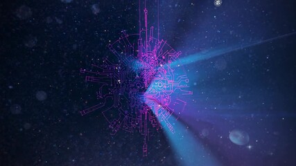 Materializing neon circuit sphere pulsing cyan light, rotating in space, with magenta circuitry - Powered by Adobe