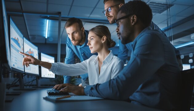 Focused diverse team analyzing financial data on multiple screens in modern office, concept for business intelligence, data analysis and financial forecasting
