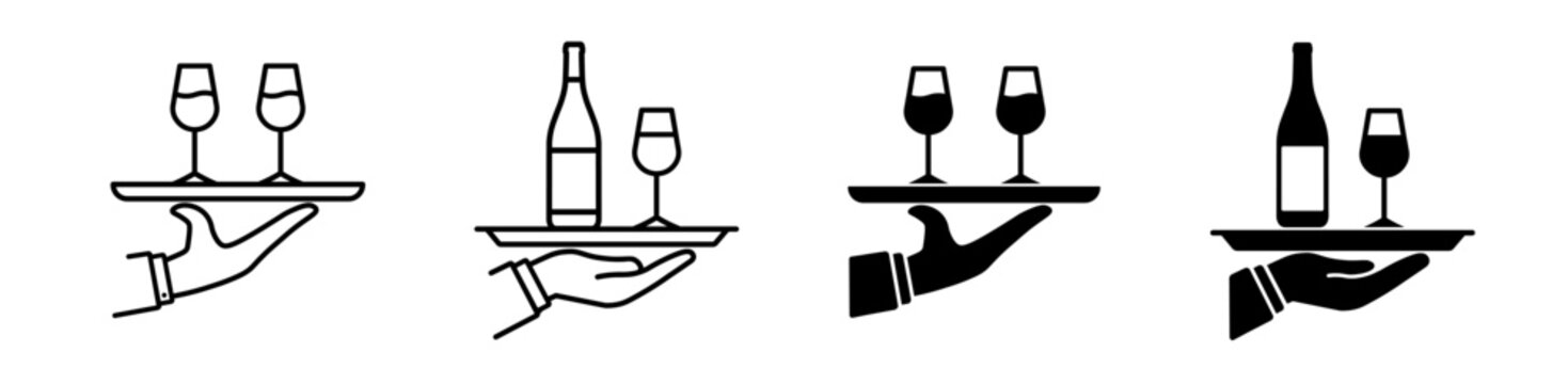 Waiter carrying the tray of wine glasses icon set. Vector illustration. 