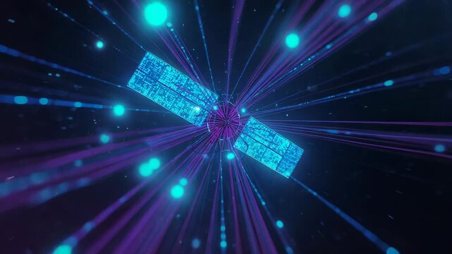 Initializing panels and orb rotating in cyber space, projecting magenta beams and cyan particles