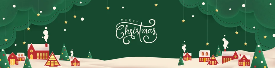 Selbstklebende Fototapeten Restaurant Green Merry christmas and happy new year greeting card banner paper art style with  snowy winter landscape red village and forest scene for holiday celebration and festive background  © bokmok