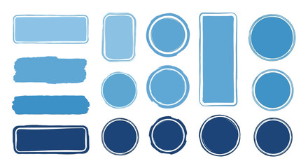 Assorted blue brushstroke shapes and circular icons with textural brushstroke edges arranged in rows on a white background