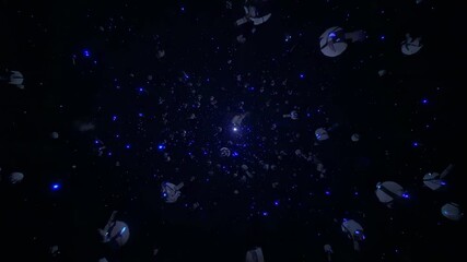 Shining point light drawing disk- and pod-shaped drones glowing blue, drifting past viewer in space - Powered by Adobe