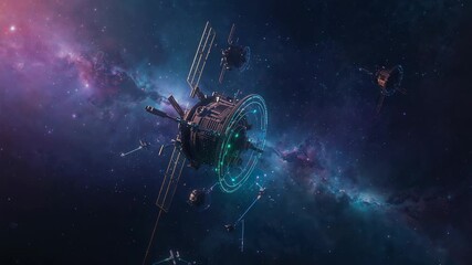 Entering frame, station drifting and activating turquoise-green energy ring amid purple-blue nebula - Powered by Adobe