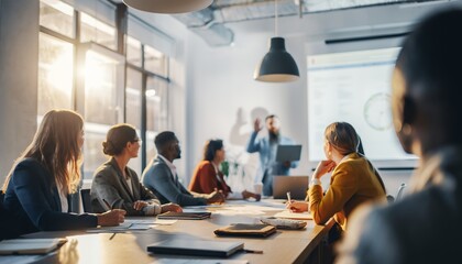 Diverse group of professionals at a conference table watching a presentation with bright sunlight, concept for corporate training, financial review and teamwork collaboration