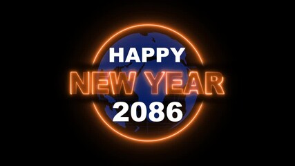 2086 Happy new year 2086 neon animated on rotating globe icon. Glowing Neon Light Happy New Year 2086 Text Reveal. Alpha Channel 