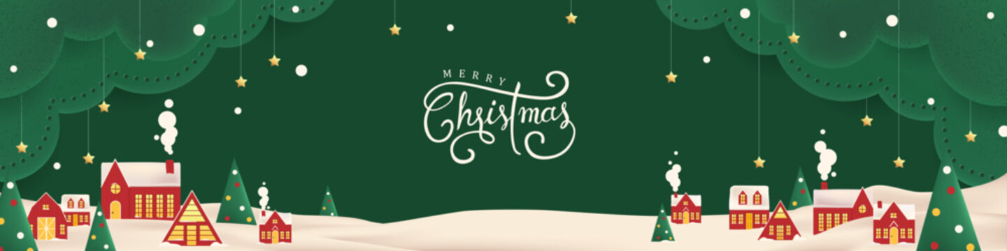 Green Merry christmas and happy new year greeting card banner paper art style with  snowy winter landscape red village and forest scene for holiday celebration and festive background