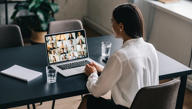 Young woman attends virtual meeting on laptop with multiple participants from home office, concept for remote work, online education and video conferencing