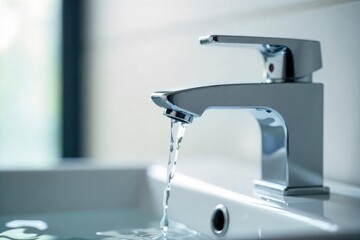 Close-up of a modern, sleek bathroom faucet with chrome finish, water droplet gently falling Perfect for home improvement, interior design, and plumbing websites , shiny faucet, chrome