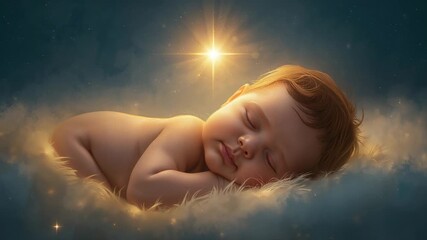 Hovering star casting light over sleeping infant boy on cloud blanket, with drifting sparkles - Powered by Adobe