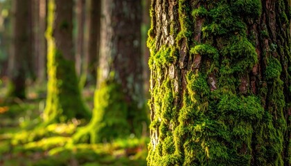 Obraz premium Moss covered tree trunks in a sunlit forest with dappled light creating a serene natural landscape