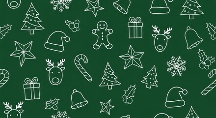 White Christmas icons pattern on deep green background