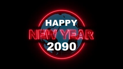 2090 Happy new year 2090 neon animated on rotating globe icon. Glowing Neon Light Happy New Year 2090 Text Reveal. Alpha Channel 