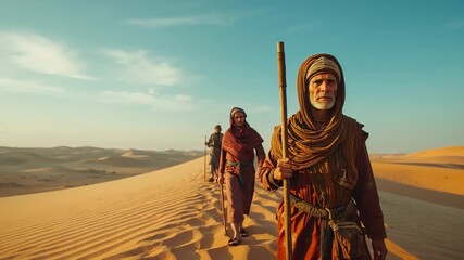 Traversing three desert travelers ascending and descending dune ridge with wooden staff, copy space - Powered by Adobe
