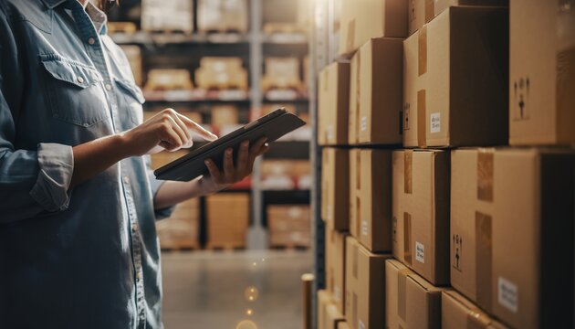 Worker using a tablet in a warehouse surrounded by cardboard boxes with product, concept for inventory management, logistics solutions and supply chain optimization