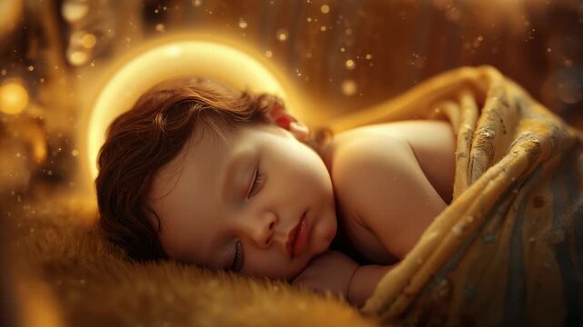 Sleeping infant lying on plush bedding in patterned blanket, glowing particles under warm halo - Powered by Adobe
