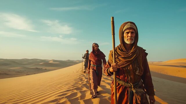 Traversing three desert travelers ascending and descending dune ridge with wooden staff, copy space