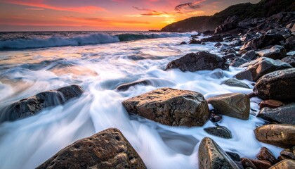 Obraz premium Ocean Waves Crashing on Rocky Shoreline During Golden Hour Sunset with Dramatic Clouds and Distant HIllside Landscape