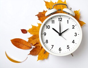 Autumn Time Change - White Alarm Clock with Fall Leaves.