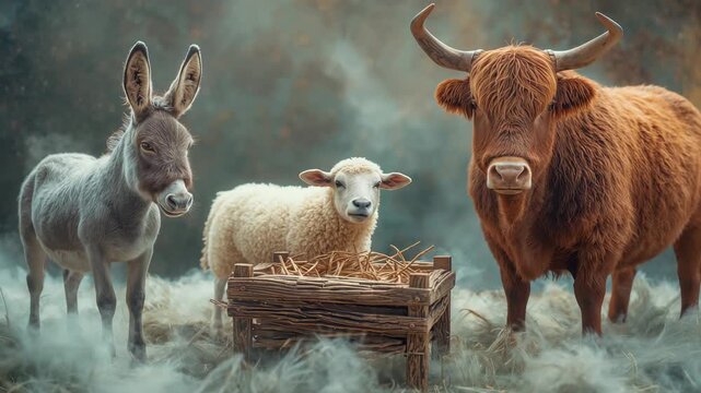 Drifting mist swirling around donkey, sheep, Highland cow in forest clearing by wooden manger