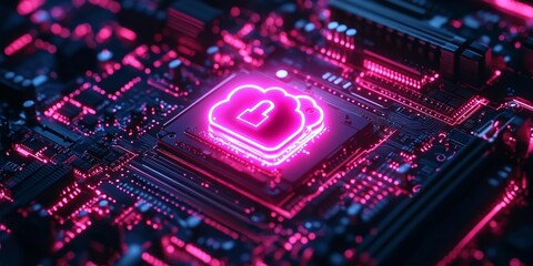 Obraz premium Motherboard and CPU with lock for circuit encryption and access control. Cloud computing systems and data protection, featuring neon icons for cybersecurity and firewall security, Generative AI