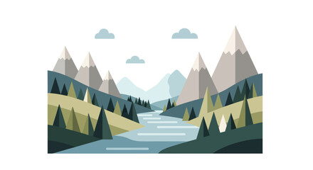 Scenic Mountain River Landscape Illustration.