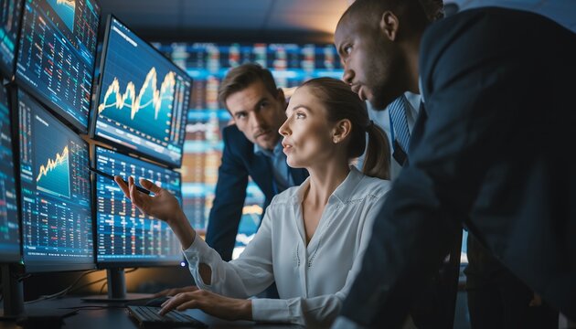 Three diverse business people analyzing stock market data on multiple computer screens, concept for investment strategy, risk management and financial analysis