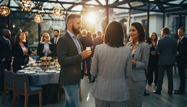 People in professional attire networking at a corporate event under decorative lighting, concept for business meeting, team building and social gathering