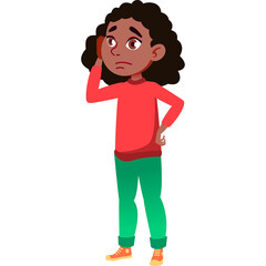 Young Girl With Curly Hair Wearing Red Long Sleeve Shirt And Teal Pants Looking Concerned While Touching Her Forehead Isolated On White Background