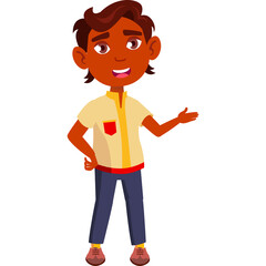 Young Indian Boy In Casual School Uniform With Tan Skin And Dark Hair Stands On A Transparent Background With His Arm Outstretched In A Welcoming Pose