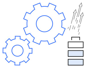 Two interlocking gears symbolizing process and efficiency, alongside energy levels and upward arrows for growth. Ideal for innovation, development, optimization, teamwork, strategy, productivity