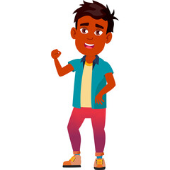 Young Indian Boy Standing Confidently with One Arm Raised and a Smile on His Face Wearing Casual Clothes on a Transparent Background
