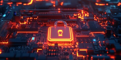 Motherboard and CPU with lock for circuit encryption and access control. Cloud computing systems and data protection, featuring neon icons for cybersecurity and firewall security, Generative AI