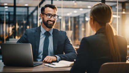 Smiling businessman in suit has a meeting with a partner in modern office. Concept for job interview, partnership agreement and business presentation