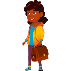 Young Indian girl wearing a yellow hoodie and carrying a brown briefcase with a cheerful expression and dark curly hair standing on a white background