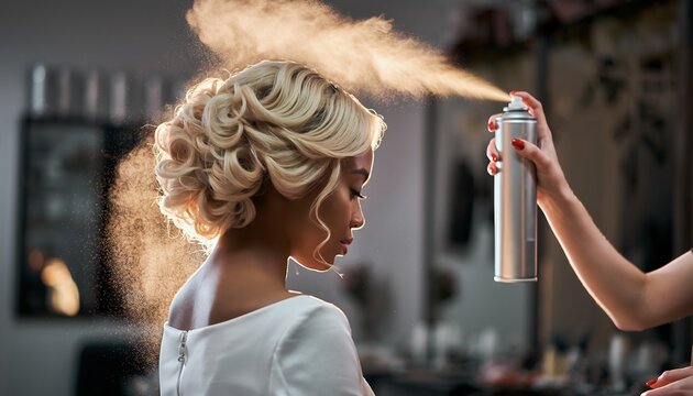 Woman getting her blonde curled hair sprayed with hairspray in salon setting. Concept for bridal hairstyles, hair product promotion and beauty industry projects