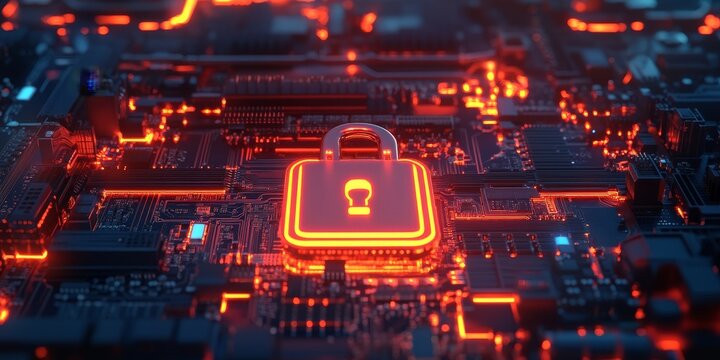 Motherboard and CPU with lock for circuit encryption and access control. Cloud computing systems and data protection, featuring neon icons for cybersecurity and firewall security, Generative AI - Powered by Adobe