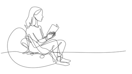 One Line Art: Minimalist Continuous Line Drawing of Girl reading on Bean Bag