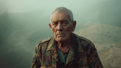 Opening shot showing senior soldier gathering thoughts shifting gaze in ridge, camo jacket strap - Powered by Adobe