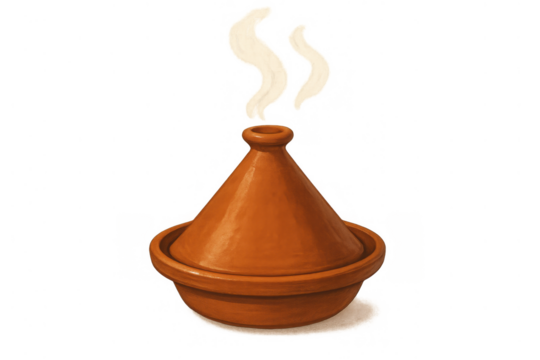 Traditional moroccan tagine clay pot cooking food, hot steaming earthenware dish with transparent background - Powered by Adobe
