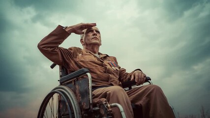 Capturing senior veteran wearing uniform saluting in wheelchair, camera zooming on service ribbons - Powered by Adobe